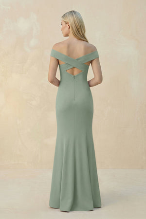 Off - the - Shoulder Sheath Matte Satin Bridesmaid Dress in Sage - KISS BRIDAL Bridesmaid Dresses