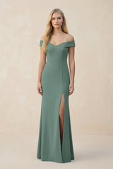 Off - the - Shoulder Sheath Matte Satin Bridesmaid Dress in Sea Glass - KISS BRIDAL Bridesmaid Dresses