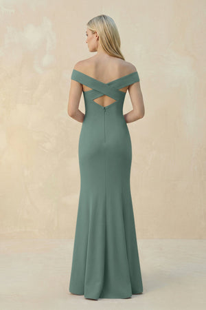 Off - the - Shoulder Sheath Matte Satin Bridesmaid Dress in Sea Glass - SHE IS ME Bridesmaid Dresses