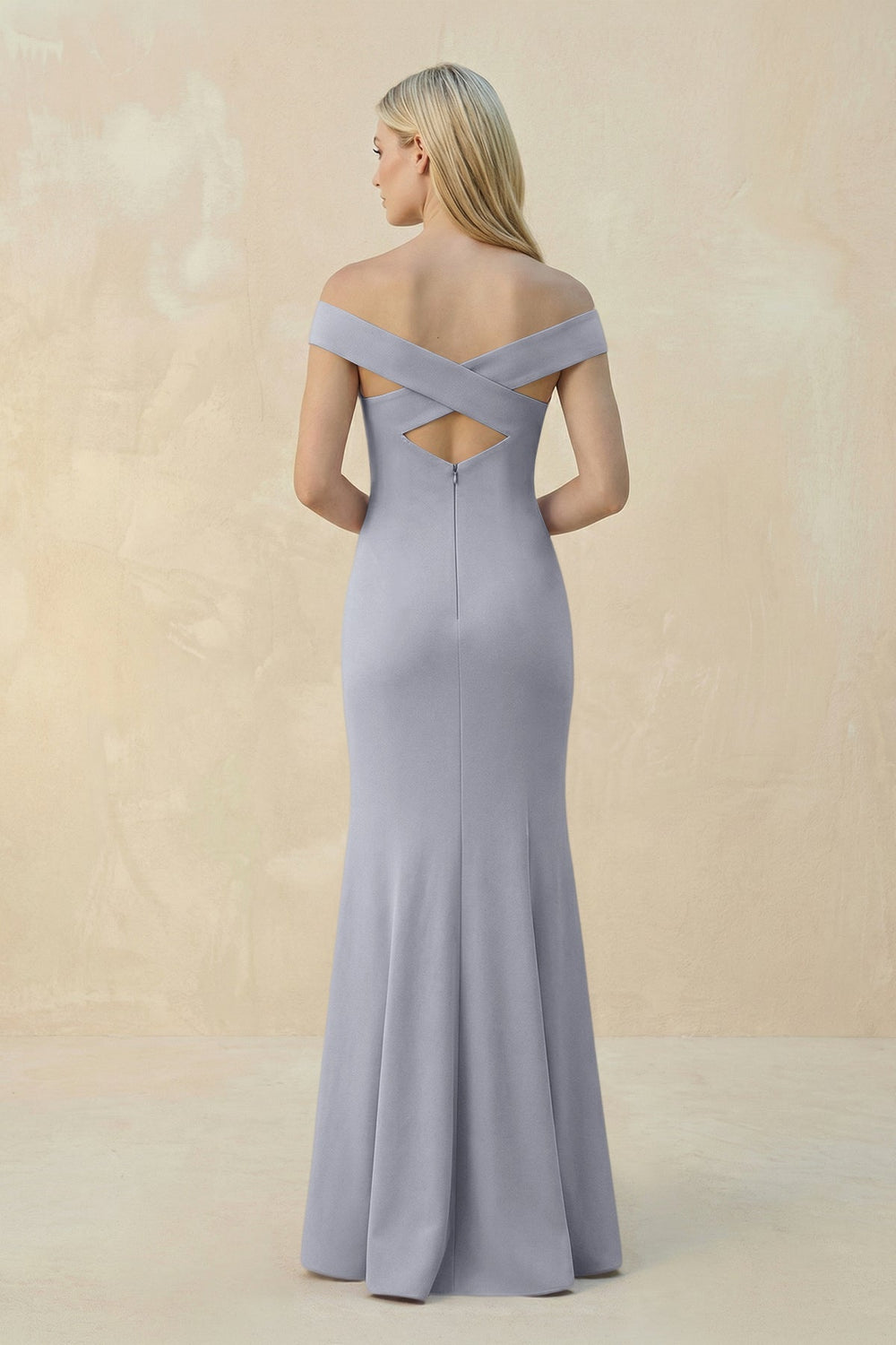 Off - the - Shoulder Sheath Matte Satin Bridesmaid Dress in Silver - KISS BRIDAL Bridesmaid Dresses