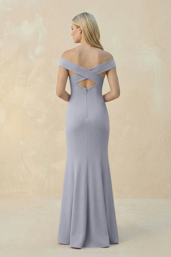 Off - the - Shoulder Sheath Matte Satin Bridesmaid Dress in Silver - SHE IS ME Bridesmaid Dresses