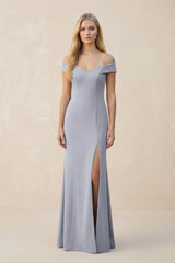 Off - the - Shoulder Sheath Matte Satin Bridesmaid Dress in Silver - KISS BRIDAL Bridesmaid Dresses
