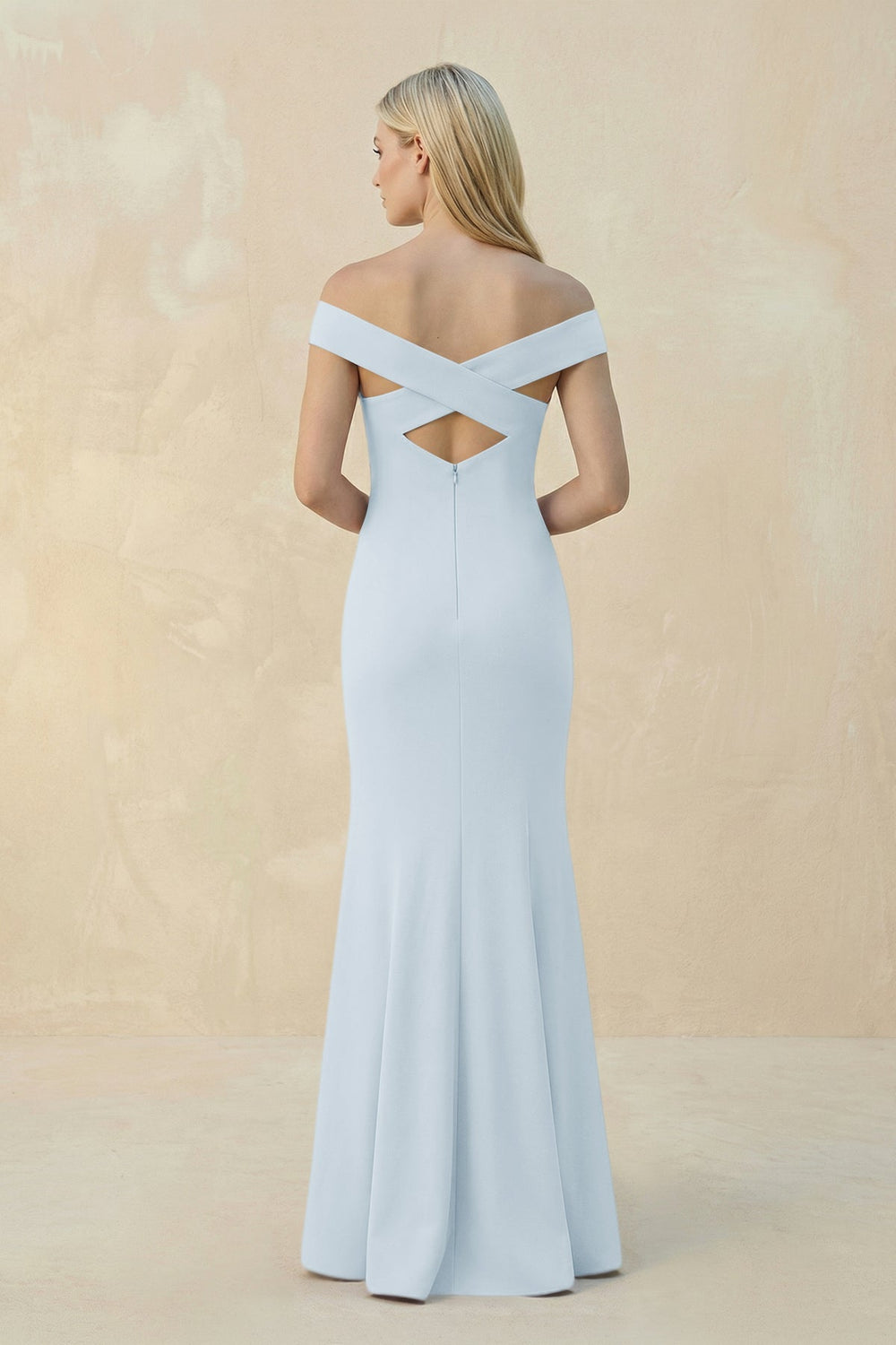 Off - the - Shoulder Sheath Matte Satin Bridesmaid Dress in Sky Blue - KISS BRIDAL Bridesmaid Dresses