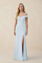 Off - the - Shoulder Sheath Matte Satin Bridesmaid Dress in Sky Blue - KISS BRIDAL Bridesmaid Dresses