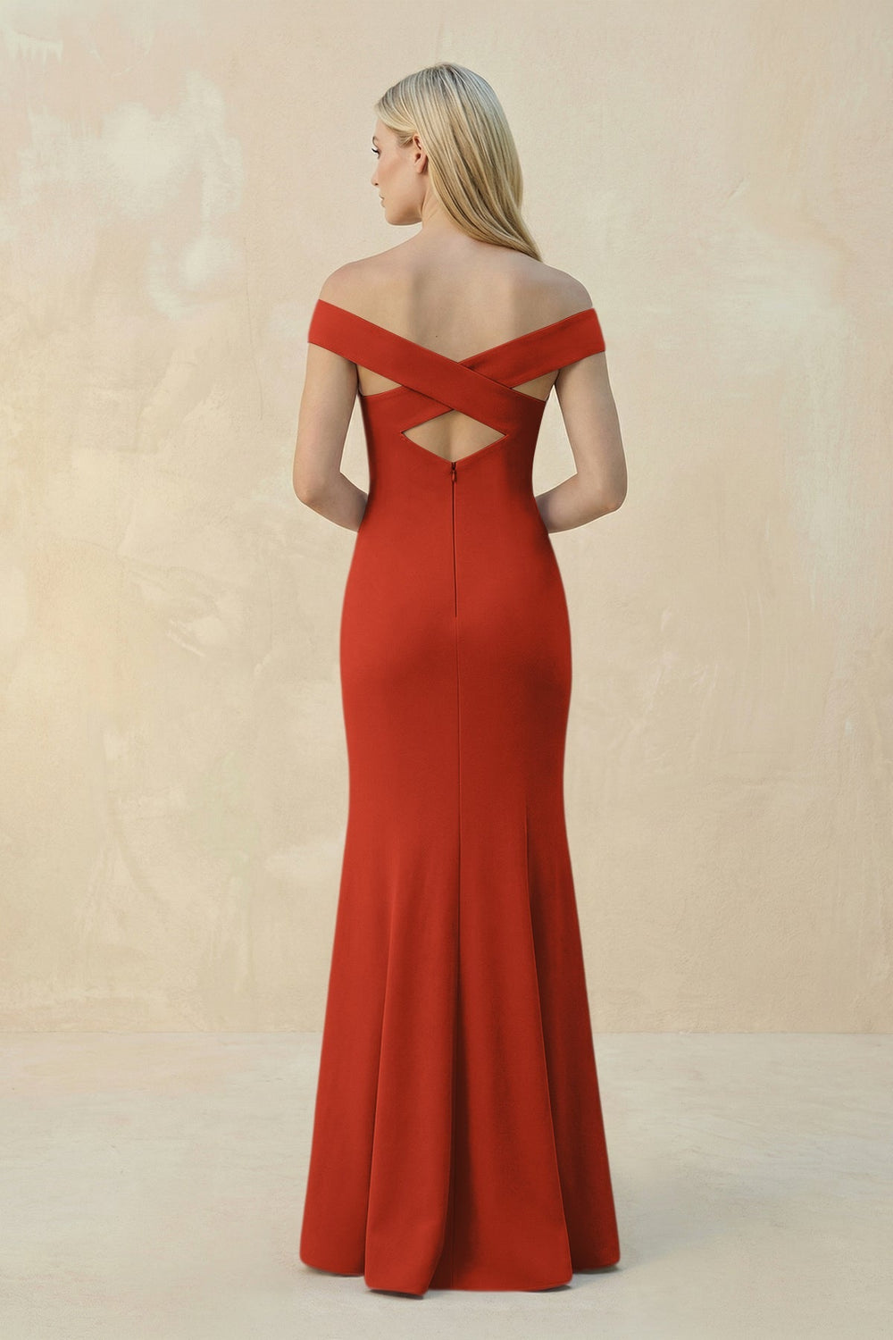 Off - the - Shoulder Sheath Matte Satin Bridesmaid Dress in Spice - KISS BRIDAL Bridesmaid Dresses