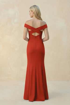 Off - the - Shoulder Sheath Matte Satin Bridesmaid Dress in Spice - KISS BRIDAL Bridesmaid Dresses