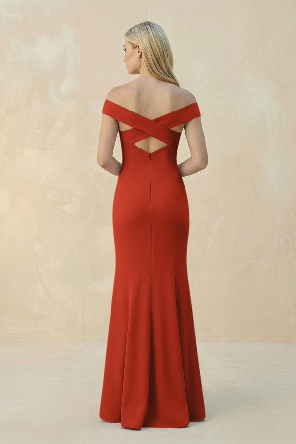 Off - the - Shoulder Sheath Matte Satin Bridesmaid Dress in Spice - KISS BRIDAL Bridesmaid Dresses