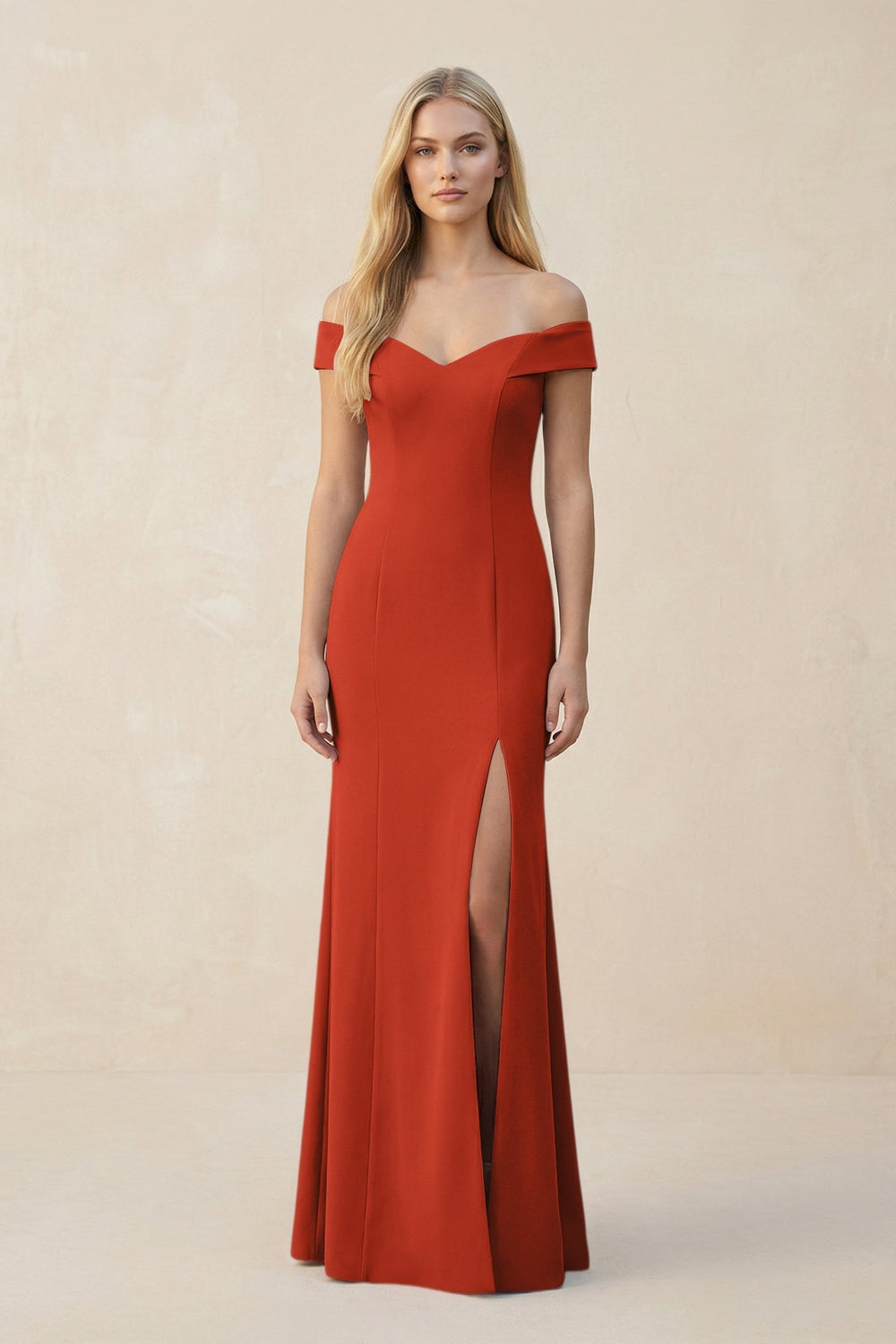 Off - the - Shoulder Sheath Matte Satin Bridesmaid Dress in Spice - KISS BRIDAL Bridesmaid Dresses