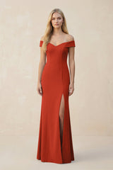 Off - the - Shoulder Sheath Matte Satin Bridesmaid Dress in Spice - KISS BRIDAL Bridesmaid Dresses