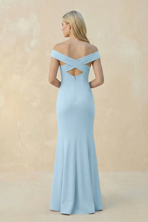 Off - the - Shoulder Sheath Matte Satin Bridesmaid Dress in Steel Blue - KISS BRIDAL Bridesmaid Dresses