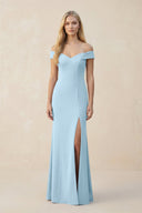 Off - the - Shoulder Sheath Matte Satin Bridesmaid Dress in Steel Blue - KISS BRIDAL Bridesmaid Dresses