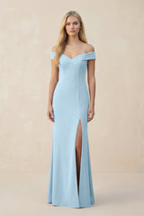 Off - the - Shoulder Sheath Matte Satin Bridesmaid Dress in Steel Blue - KISS BRIDAL Bridesmaid Dresses