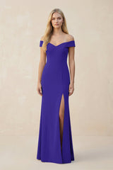 Off - the - Shoulder Sheath Matte Satin Bridesmaid Dress in Tahiti - KISS BRIDAL Bridesmaid Dresses