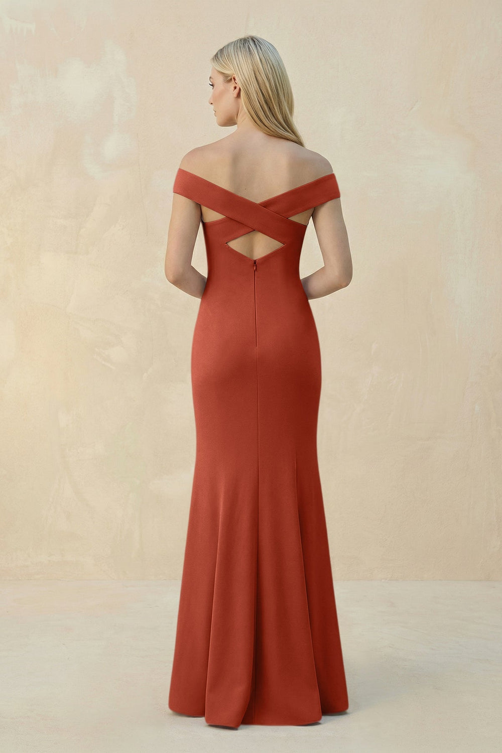 Off - the - Shoulder Sheath Matte Satin Bridesmaid Dress in Terracotta - KISS BRIDAL Bridesmaid Dresses