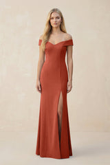 Off - the - Shoulder Sheath Matte Satin Bridesmaid Dress in Terracotta - KISS BRIDAL Bridesmaid Dresses