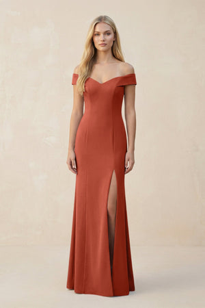 Off - the - Shoulder Sheath Matte Satin Bridesmaid Dress in Terracotta - KISS BRIDAL Bridesmaid Dresses