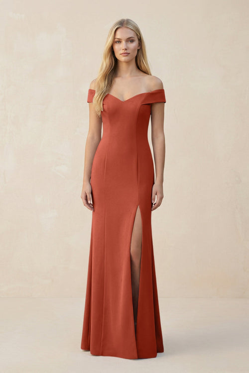 Off - the - Shoulder Sheath Matte Satin Bridesmaid Dress in Terracotta - KISS BRIDAL Bridesmaid Dresses