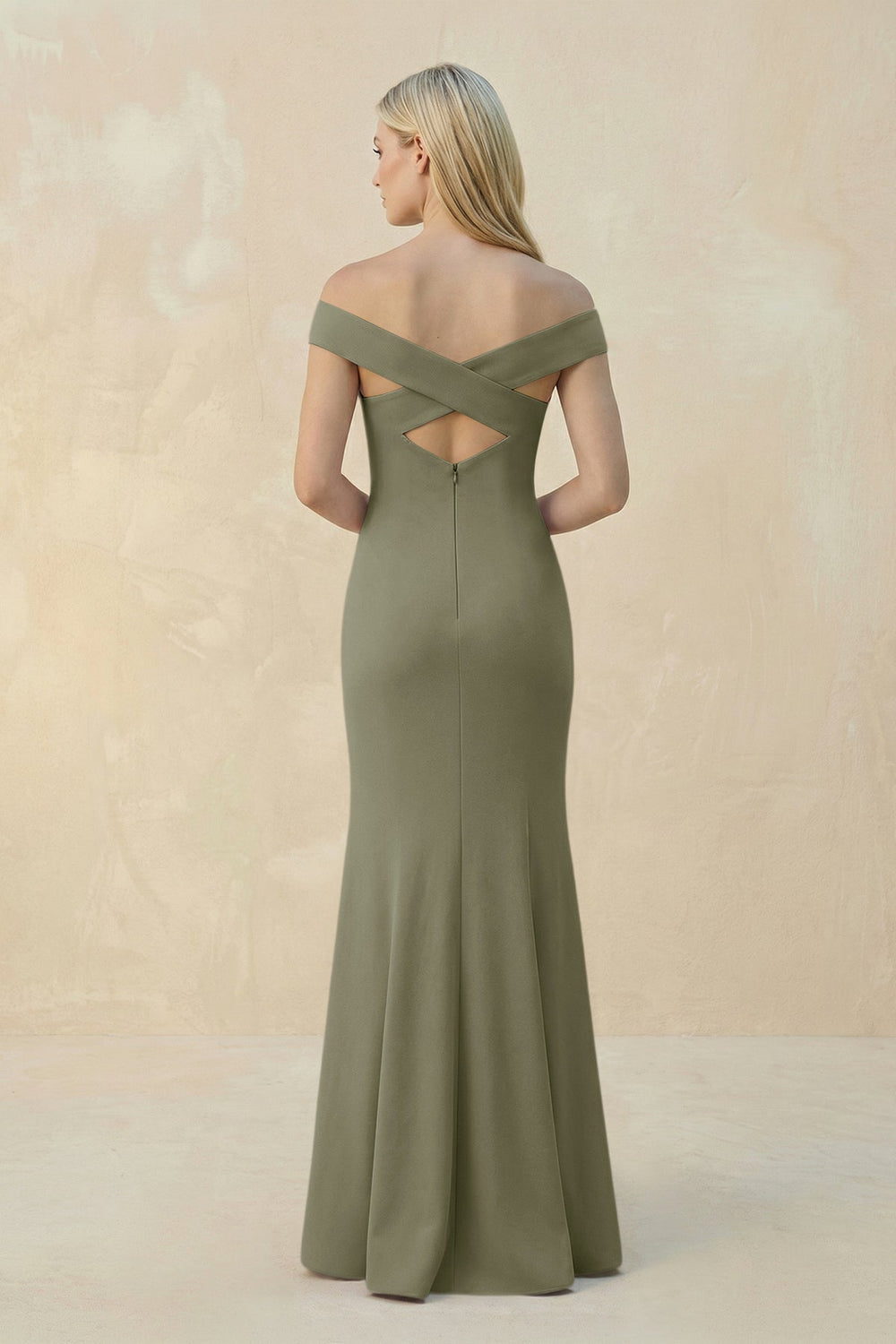 Off - the - Shoulder Sheath Matte Satin Bridesmaid Dress in Thyme - KISS BRIDAL Bridesmaid Dresses