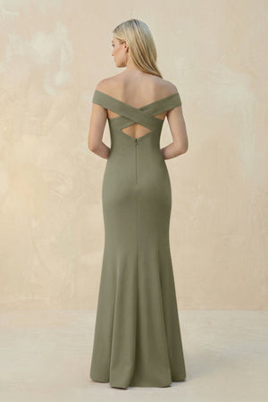 Off - the - Shoulder Sheath Matte Satin Bridesmaid Dress in Thyme - SHE IS ME Bridesmaid Dresses
