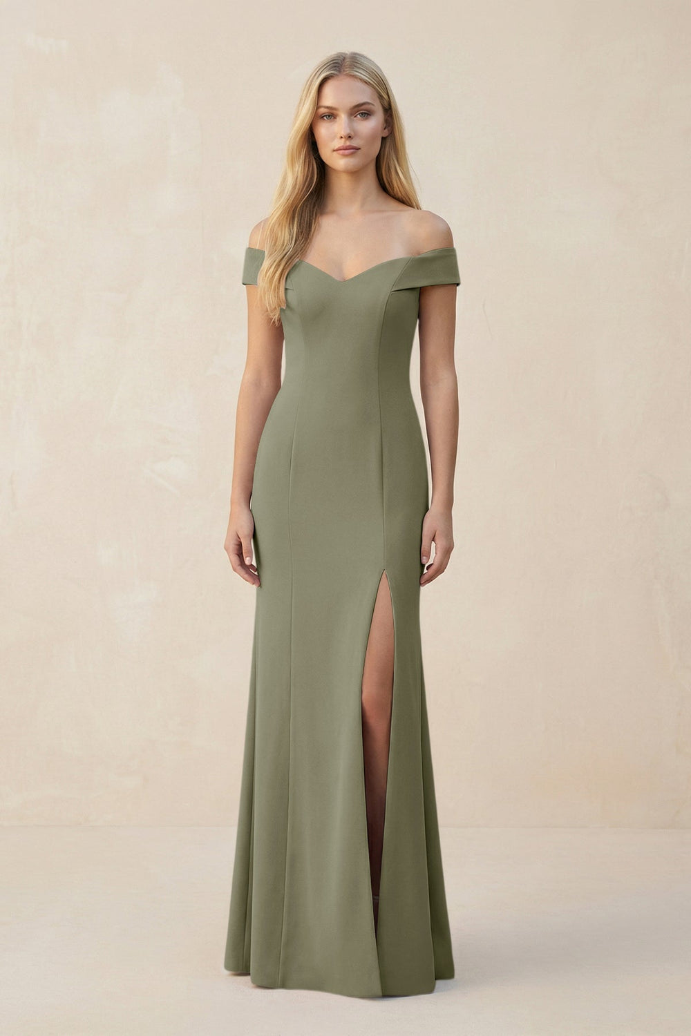 Off - the - Shoulder Sheath Matte Satin Bridesmaid Dress in Thyme - KISS BRIDAL Bridesmaid Dresses