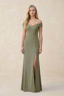 Off - the - Shoulder Sheath Matte Satin Bridesmaid Dress in Thyme - SHE IS ME Bridesmaid Dresses