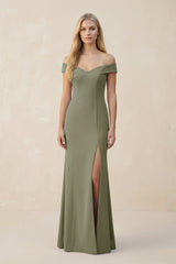 Off - the - Shoulder Sheath Matte Satin Bridesmaid Dress in Thyme - KISS BRIDAL Bridesmaid Dresses