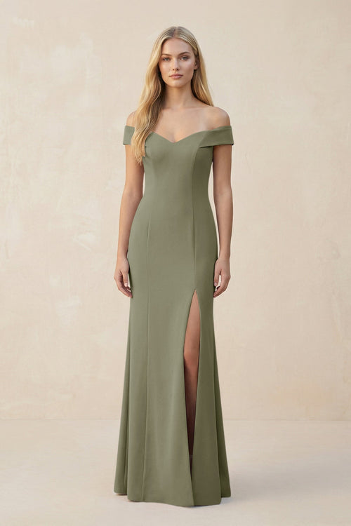 Off - the - Shoulder Sheath Matte Satin Bridesmaid Dress in Thyme - SHE IS ME Bridesmaid Dresses