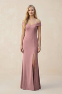 Off - the - Shoulder Sheath Matte Satin Bridesmaid Dress in Toffee - KISS BRIDAL Bridesmaid Dresses
