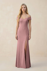 Off - the - Shoulder Sheath Matte Satin Bridesmaid Dress in Toffee - KISS BRIDAL Bridesmaid Dresses