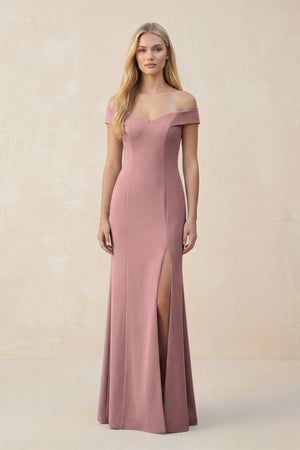 Off - the - Shoulder Sheath Matte Satin Bridesmaid Dress in Toffee - KISS BRIDAL Bridesmaid Dresses