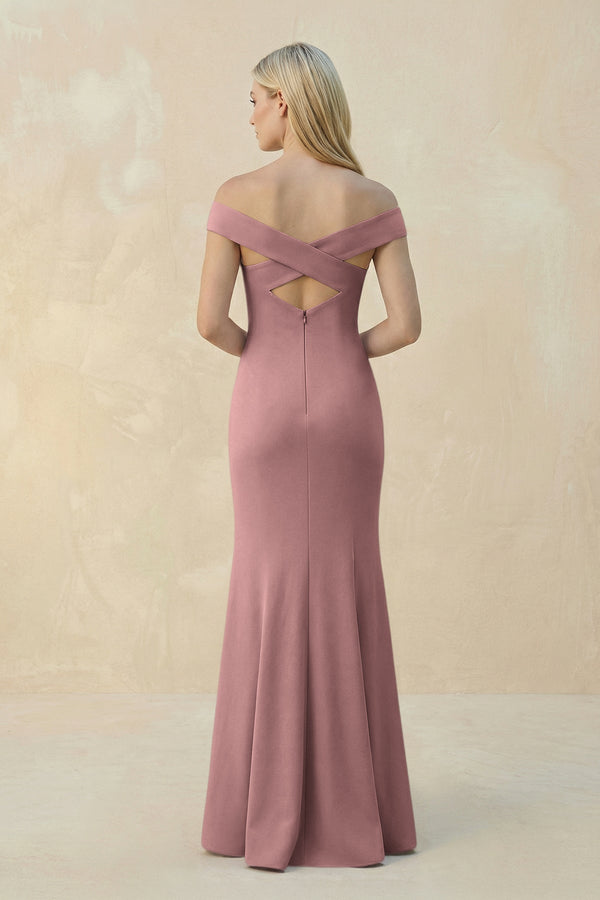 Off - the - Shoulder Sheath Matte Satin Bridesmaid Dress in Toffee - KISS BRIDAL Bridesmaid Dresses
