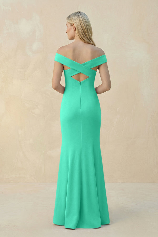 Off - the - Shoulder Sheath Matte Satin Bridesmaid Dress in Turquoise - KISS BRIDAL Bridesmaid Dresses