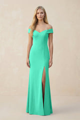 Off - the - Shoulder Sheath Matte Satin Bridesmaid Dress in Turquoise - KISS BRIDAL Bridesmaid Dresses