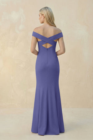 Off - the - Shoulder Sheath Matte Satin Bridesmaid Dress in Twilight - KISS BRIDAL Bridesmaid Dresses