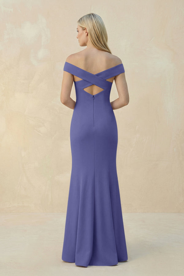 Off - the - Shoulder Sheath Matte Satin Bridesmaid Dress in Twilight - KISS BRIDAL Bridesmaid Dresses