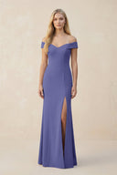 Off - the - Shoulder Sheath Matte Satin Bridesmaid Dress in Twilight - KISS BRIDAL Bridesmaid Dresses
