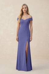 Off - the - Shoulder Sheath Matte Satin Bridesmaid Dress in Twilight - KISS BRIDAL Bridesmaid Dresses