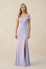 Off - the - Shoulder Sheath Matte Satin Bridesmaid Dress in Vintage Mauve - KISS BRIDAL Bridesmaid Dresses