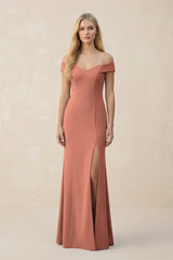 Off - the - Shoulder Sheath Matte Satin Bridesmaid Dress in Wild Rose - KISS BRIDAL Bridesmaid Dresses