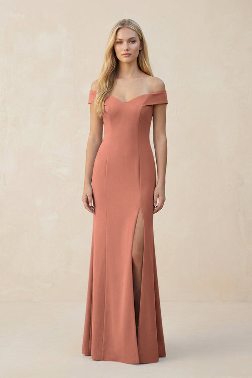 Off - the - Shoulder Sheath Matte Satin Bridesmaid Dress in Wild Rose - KISS BRIDAL Bridesmaid Dresses