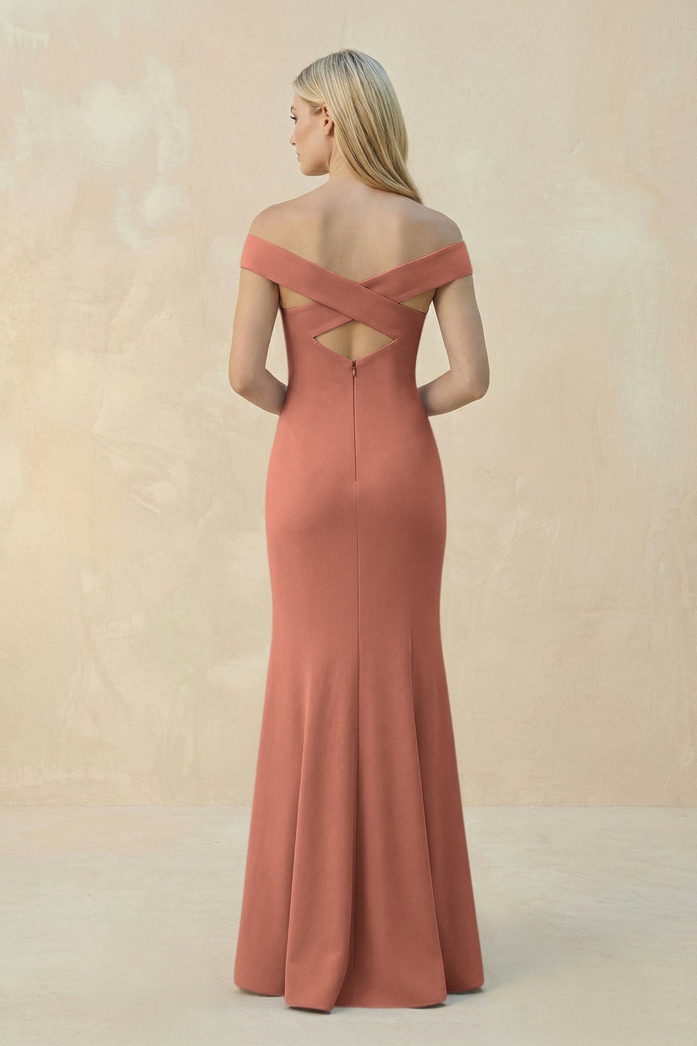Off - the - Shoulder Sheath Matte Satin Bridesmaid Dress in Wild Rose - KISS BRIDAL Bridesmaid Dresses