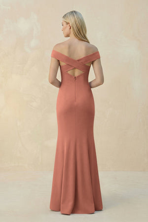 Off - the - Shoulder Sheath Matte Satin Bridesmaid Dress in Wild Rose - KISS BRIDAL Bridesmaid Dresses