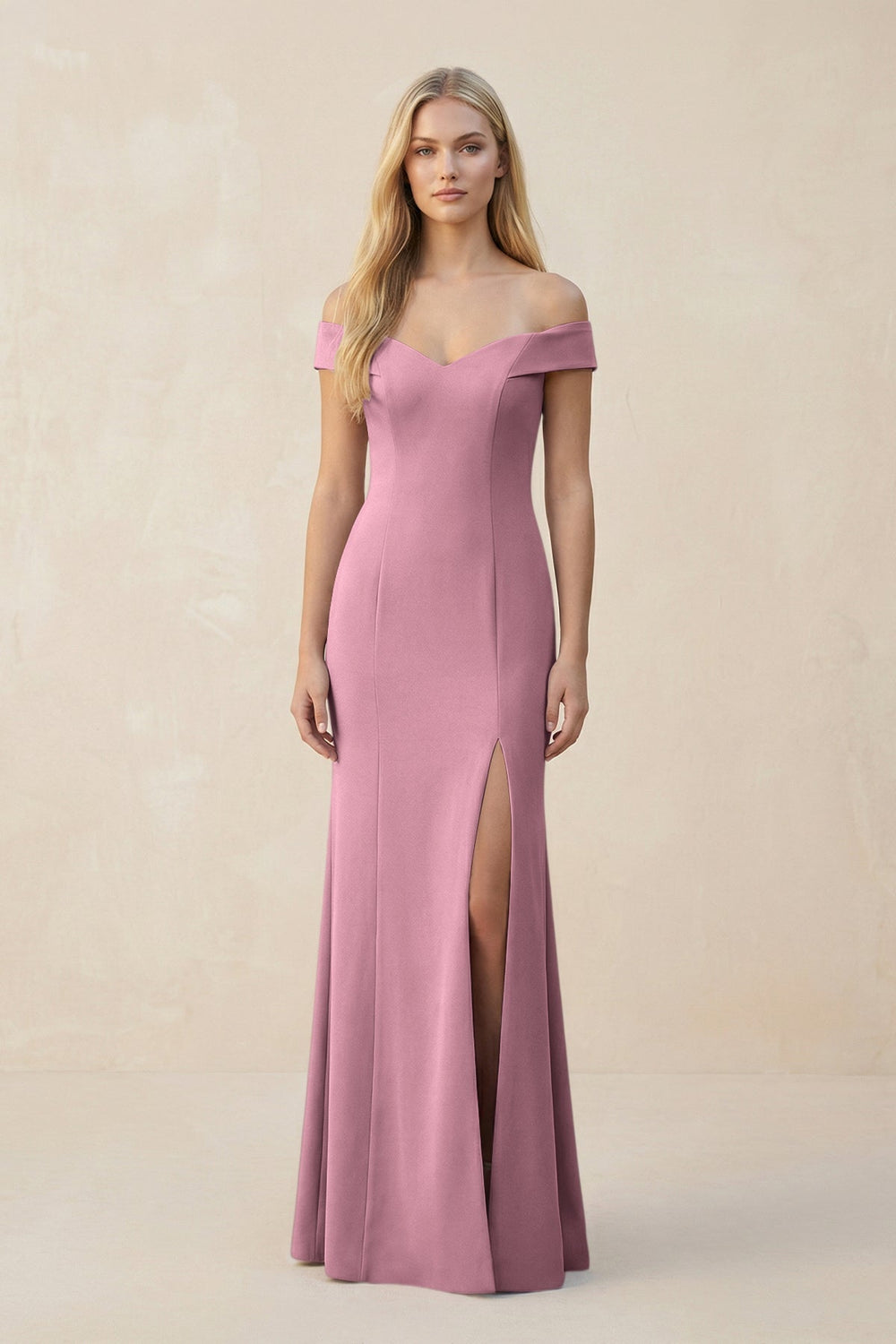 Off - the - Shoulder Sheath Matte Satin Bridesmaid Dress in Wisteria - KISS BRIDAL Bridesmaid Dresses