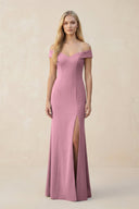 Off - the - Shoulder Sheath Matte Satin Bridesmaid Dress in Wisteria - KISS BRIDAL Bridesmaid Dresses