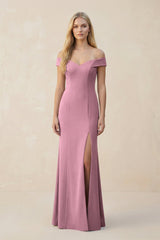 Off - the - Shoulder Sheath Matte Satin Bridesmaid Dress in Wisteria - KISS BRIDAL Bridesmaid Dresses