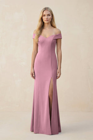 Off - the - Shoulder Sheath Matte Satin Bridesmaid Dress in Wisteria - KISS BRIDAL Bridesmaid Dresses