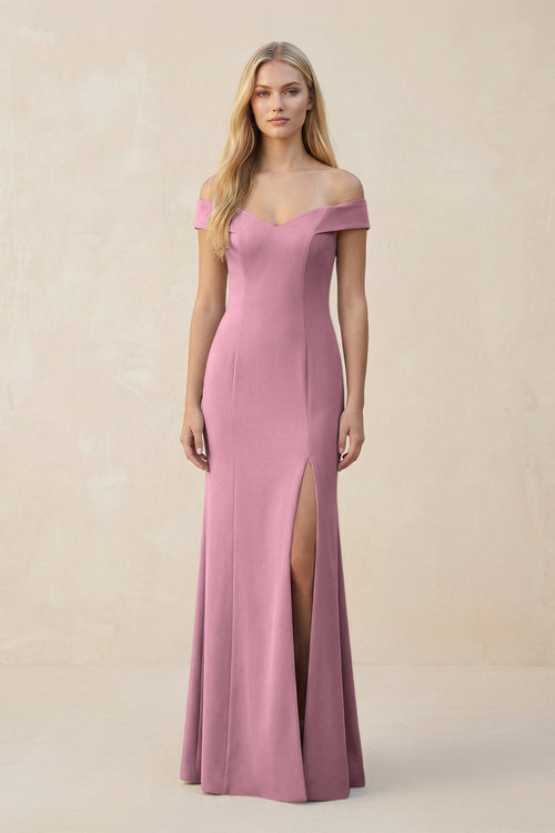 Off - the - Shoulder Sheath Matte Satin Bridesmaid Dress in Wisteria - KISS BRIDAL Bridesmaid Dresses