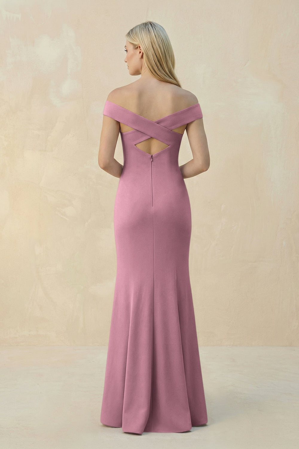 Off - the - Shoulder Sheath Matte Satin Bridesmaid Dress in Wisteria - KISS BRIDAL Bridesmaid Dresses