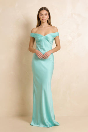 Off The Shoulder Sheath Open Back Maxi Dress in Aqua - SHE IS ME PROM DRESSES