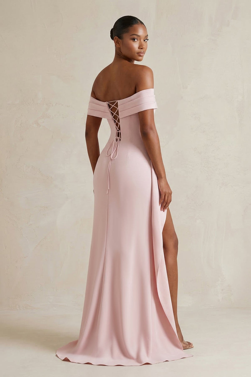 Off - the - Shoulder Sheath Ruched Long Prom Dress With Slit in Pink - SHE IS ME Prom Dresses